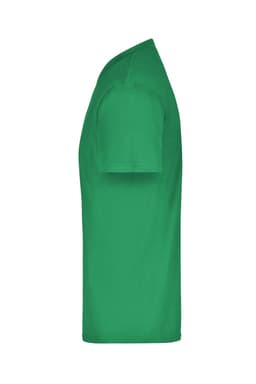 A green short-sleeved T-shirt with a plain design and a logo on the side.