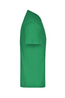 A green t-shirt displayed from the side. The shirt features short sleeves and a round neck. It has a logo.
