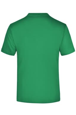 A green t-shirt with a plain back and a logo placed at the neckline.