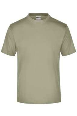 A round-neck, short-sleeved T-shirt in a light olive green colour, featuring a branding label.