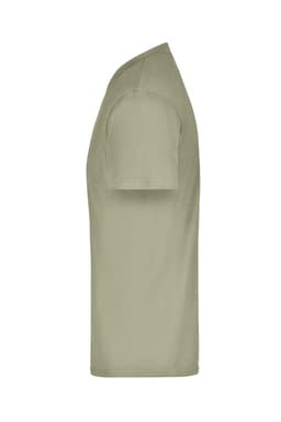 A light olive green t-shirt with short sleeves, featuring a logo on the side.