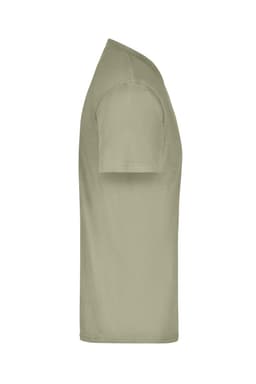 A light olive green t-shirt with a crew neckline and short sleeves, featuring a logo.