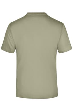 A khaki green T-shirt featuring a plain back design and a logo. Short sleeves and a round neckline are visible.