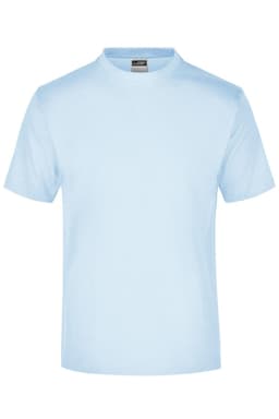 A light blue round neck t-shirt for promotional branding, featuring a logo on the label.
