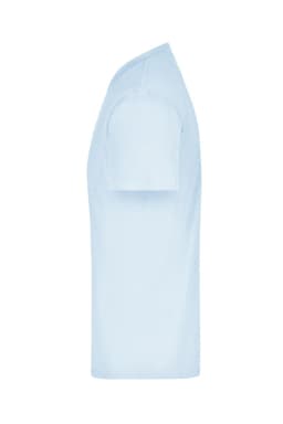 A light blue T-shirt displayed from the side, featuring short sleeves and a simple design. It includes branding.