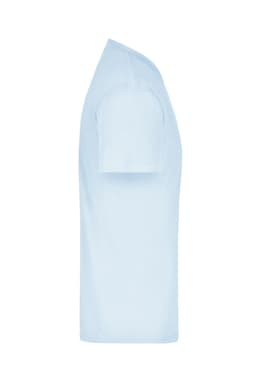A light blue T-shirt displayed from the side, featuring short sleeves and a simple design with a logo.