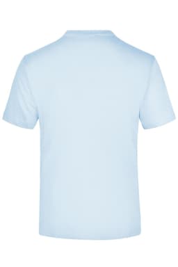 A light blue t-shirt featuring a plain back and short sleeves. It has a logo on the inside neck area.