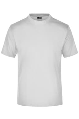 A plain white T-shirt with a round neck and short sleeves. The shirt features a logo on the label.