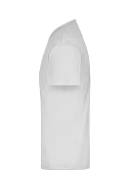 A white t-shirt displayed from the side, featuring a plain design and short sleeves. It has a branding logo.