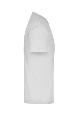 A plain white t-shirt in a side view, featuring short sleeves and a simple design. It has a logo on the front.