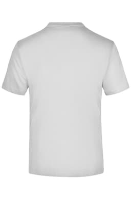 A plain white T-shirt featuring a round neck and short sleeves, with a logo on the back.