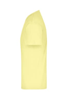 A yellow t-shirt in a side view, featuring short sleeves and a plain design with a logo present.