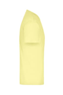 A yellow T-shirt displayed from the side, featuring a simple design and a logo.