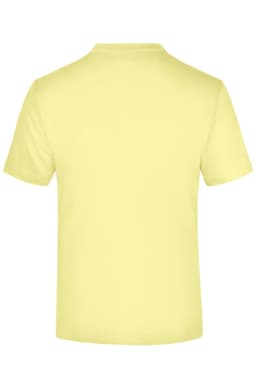 A plain yellow T-shirt is displayed, showing the back view. The shirt features a simple design and has a logo.