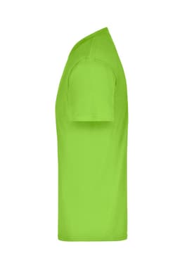 A bright lime green t-shirt with short sleeves and a round neckline. It features a logo on the front.