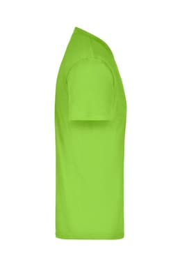 A bright lime green t-shirt displayed from the side, featuring short sleeves and a plain design.