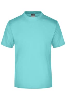 A turquoise t-shirt with a round neck and short sleeves, featuring a logo on the label.