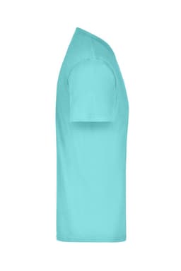 A light turquoise t-shirt with short sleeves and a rounded neckline, displayed from the side. It features a logo.