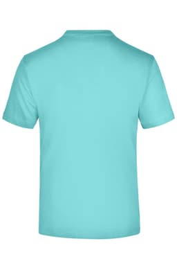 A light blue t-shirt with a round neckline and short sleeves, featuring a logo on the back.