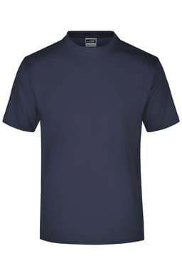 A navy blue round-neck t-shirt displayed on a plain background, featuring a brand logo on the label.