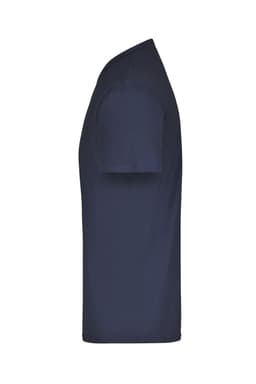 A navy blue T-shirt with short sleeves and a fitted design, featuring a logo on the side.