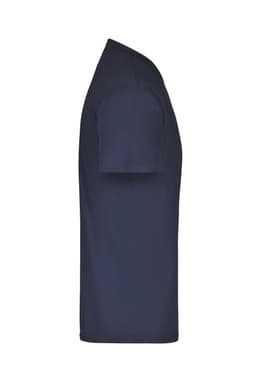 A navy blue T-shirt with short sleeves, featuring a logo on the side.