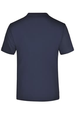 A navy blue short-sleeved T-shirt with a plain back and a logo.