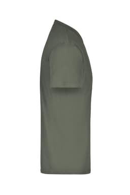 A green t-shirt with short sleeves, featuring a round neckline and a logo on the side.
