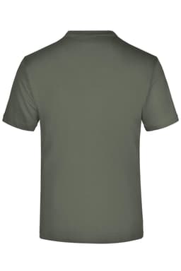 A plain olive green T-shirt with a round neck and short sleeves. The back is visible, featuring no text or designs.