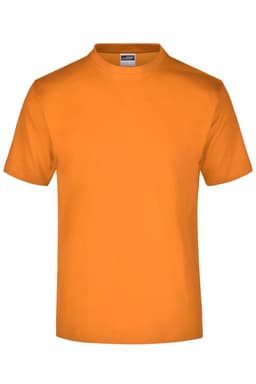An orange T-shirt with a classic round neck and short sleeves, featuring a branding logo.