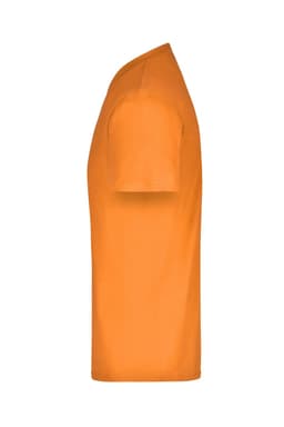 An orange t-shirt displayed from the side, featuring a simple design and a small logo.