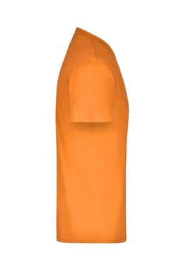 An orange T-shirt displayed from the side, featuring a simple design and a logo.