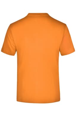 An orange T-shirt with a round neckline and short sleeves, featuring a logo on the back.