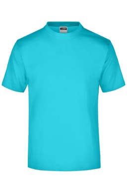A turquoise t-shirt displayed flat, featuring a round neckline and short sleeves. The shirt has a logo.