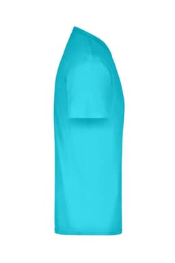 A turquoise t-shirt displayed from the side, featuring short sleeves and a round neckline. Includes a logo.