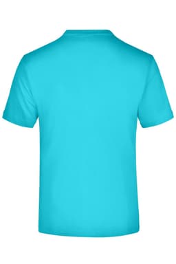 A plain turquoise t-shirt with a classic crew neck and short sleeves. The back view is displayed, featuring no graphics or logos.