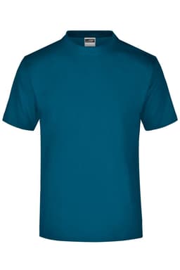 A teal t-shirt featuring a crew neck and short sleeves, with a small logo on the label.