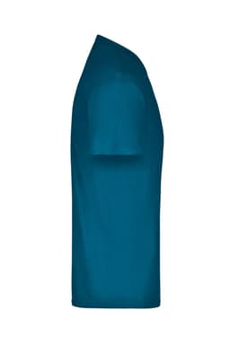A side view of a teal t-shirt, featuring short sleeves and a round neckline. The shirt has a logo on the front.