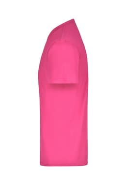A pink t-shirt displayed from the side, featuring a simple design and short sleeves. It has a logo on the fabric.