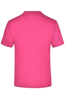 A pink t-shirt with a simple design and a logo on the back. It features short sleeves and a crew neck.