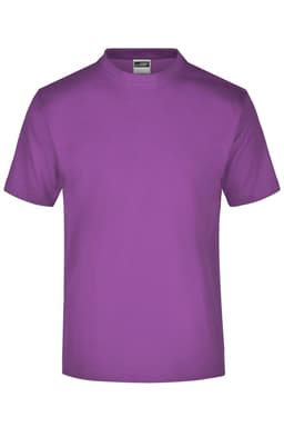 A purple t-shirt with a round neck and short sleeves, featuring a logo tag on the inside neck.