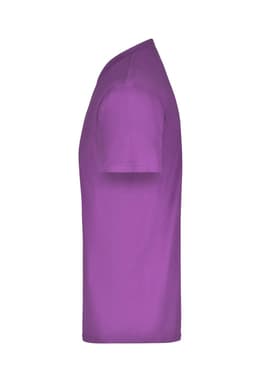 A purple T-shirt displayed from the side, featuring a simple design and a logo.