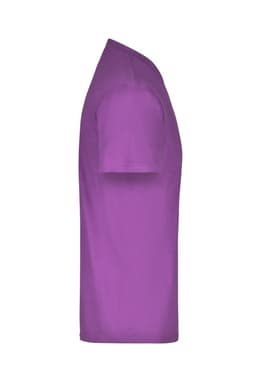 A purple t-shirt featuring short sleeves, displayed from the side with a simple design and a logo.