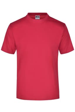 A red T-shirt with short sleeves and a round neck, featuring a logo on the label.