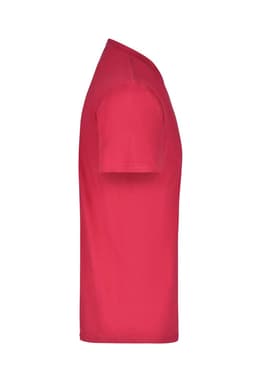 A red T-shirt with short sleeves, featuring a side view to showcase its fitted shape and design.