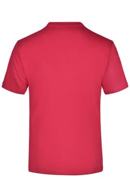 A red T-shirt featuring a plain back and short sleeves, with a branding label at the back neck.