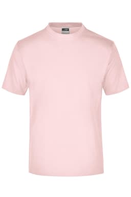 A light pink T-shirt with a round neck and short sleeves, featuring a logo on the label.