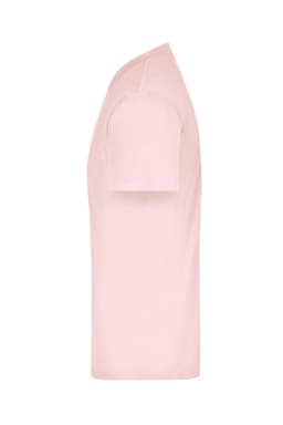 A light pink T-shirt displayed from the side, featuring a simple design and a logo on the fabric.