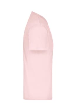 A pink T-shirt with short sleeves and a round neckline, featuring a logo on the front.