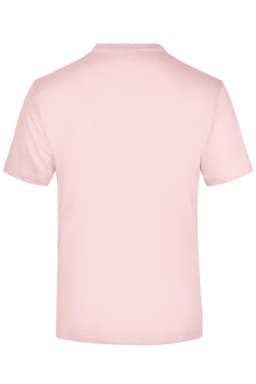 A pink short-sleeved T-shirt with a plain back and a branding logo on the neck area.